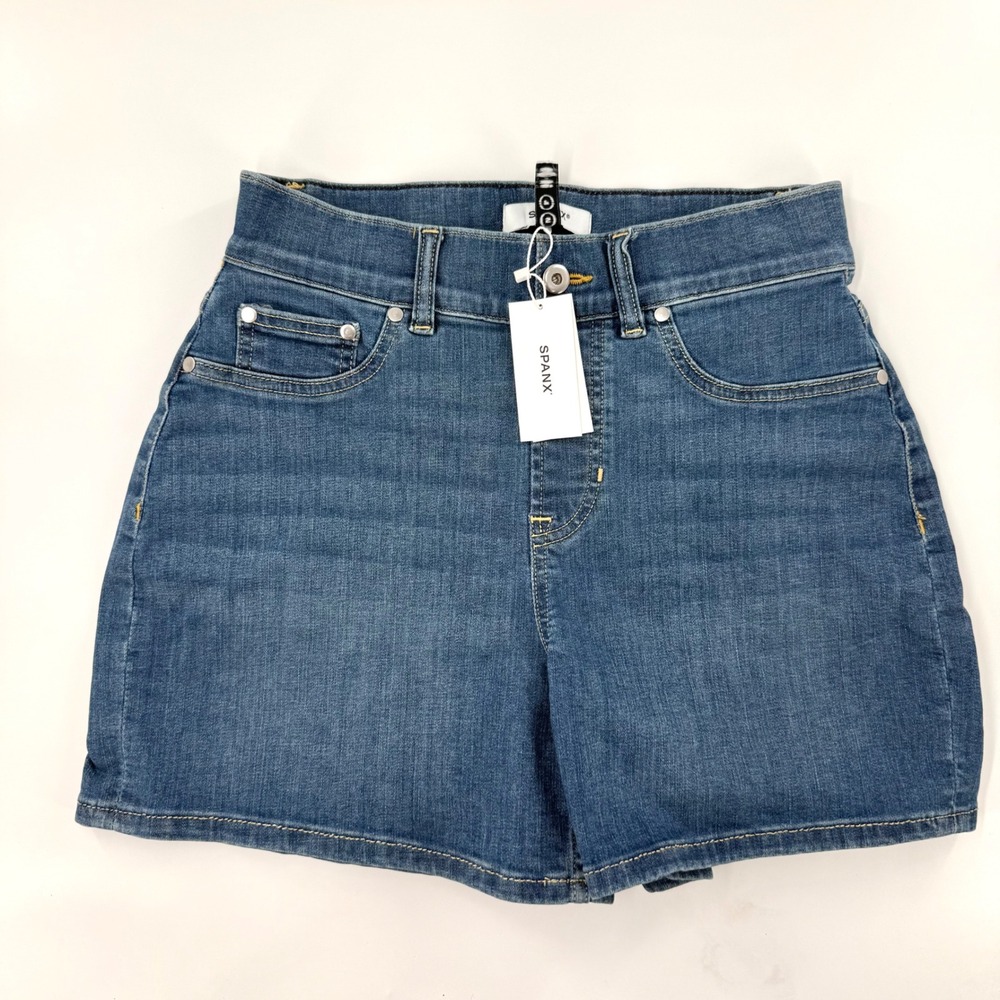 Spanx Jean-ish Shorts Womens S Small Blue NWT High Rise Stretch Denim Pull On